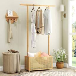 VOGREX Natural Bamboo Garment Rack with Rattan Storage Basket in Beige - thumbnail 5