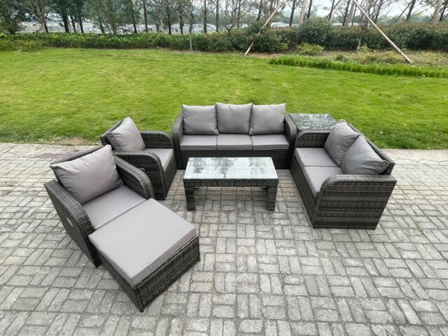 Fimous 8 Seater Outdoor Rattan Garden Furniture Set Patio Lounge Sofa Set with Rectangular Coffee Table Big Footstool Side Table Dark Grey Mixed - image 1