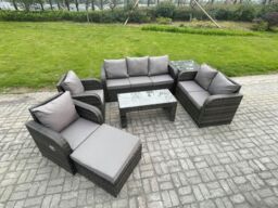 Fimous 8 Seater Outdoor Rattan Garden Furniture Set Patio Lounge Sofa Set with Rectangular Coffee Table Big Footstool Side Table Dark Grey Mixed - thumbnail 2