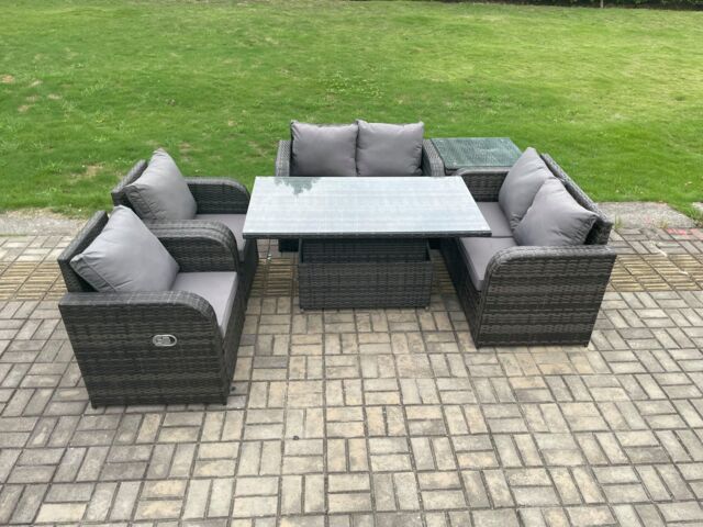 Fimous Rattan Furniture Outdoor Garden Dining Set Height Adjustable Rising lifting Table Love Sofa Chair With Side Table in Dark Grey - image 1