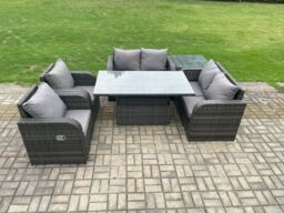 Fimous Rattan Furniture Outdoor Garden Dining Set Height Adjustable Rising lifting Table Love Sofa Chair With Side Table in Dark Grey - thumbnail 2