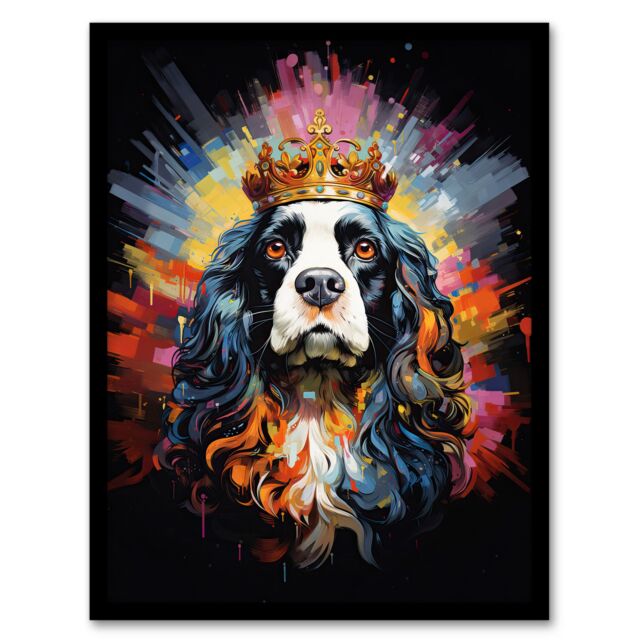 "Artery8 Wall Art Print King Charles Spaniel with Crown Dog Lover Gift Pet Portrait Colourful Artwork Painting Art Framed - Size: W12"" x H16""" - image 1
