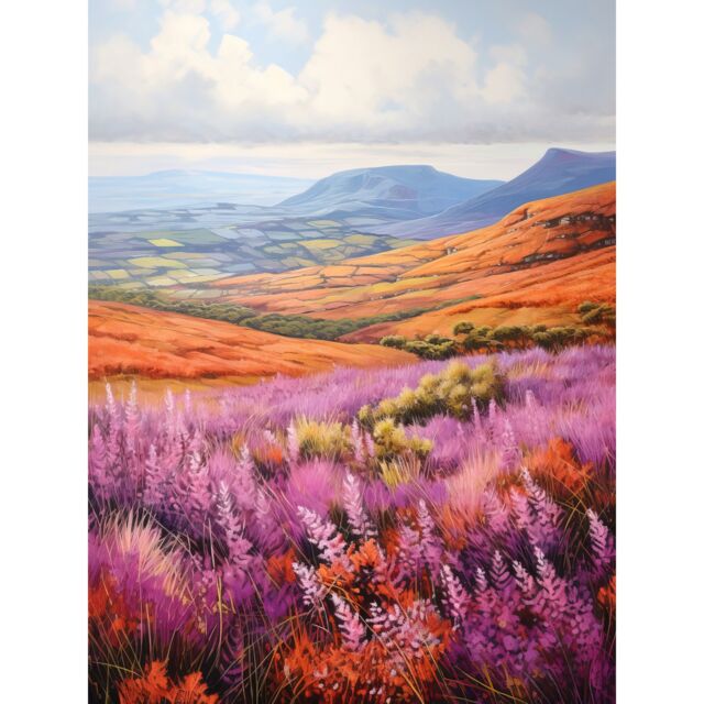 "Artery8 Wall Art Print Scottish Heather Fields Oil Painting Purple Orange Blue Scotland Countryside Landscape Poster - Size: W24"" x H32""" - image 1