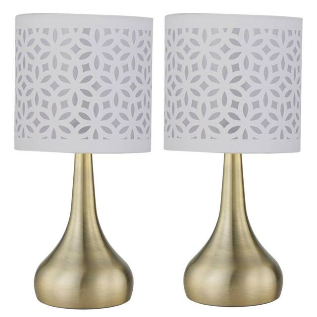 First Choice Lighting Set of 2 Romana - Antique Brass Touch Table Lamps White Cut Out Shade in Bronze - image 1