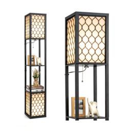 Costway Double Floor Lamp Freestanding Bedside Lounge Light W/2 Tier Storage Shelves E27 - thumbnail 1