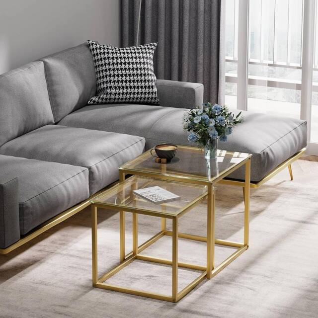 Huhote Metal Frame Glass Top Nesting Side End Table 2 Set Coffee Table in Gold - image 1