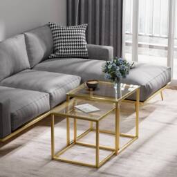 Huhote Metal Frame Glass Top Nesting Side End Table 2 Set Coffee Table in Gold