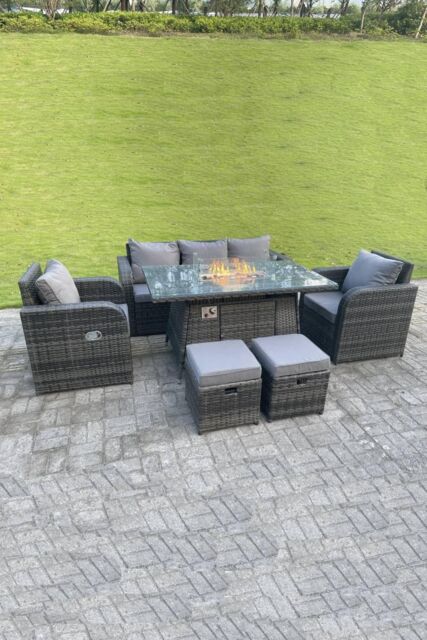 Fimous Rattan Outdoor Gas Fire Pit Table Heater Sets Lounge Sofa Recling Chairs Footstools in Dark Grey - image 1