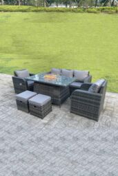 Fimous Rattan Outdoor Gas Fire Pit Table Heater Sets Lounge Sofa Recling Chairs Footstools in Dark Grey - thumbnail 3