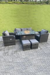 Fimous Rattan Outdoor Gas Fire Pit Table Heater Sets Lounge Sofa Recling Chairs Footstools in Dark Grey - thumbnail 1