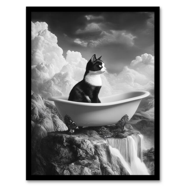 "Artery8 Cat Lover Kitten Bathtub Waterfall Cliff Surreal Framed Art Print in Grey - Size: W12"" x H16""" - image 1