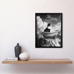 "Artery8 Cat Lover Kitten Bathtub Waterfall Cliff Surreal Framed Art Print in Grey - Size: W12"" x H16""" - thumbnail 4