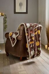 Deyongs Luxury Soft Cosy Warm Fleece Sherpa Large Throw Autumn Animals Woodland Squirrel & Hedgehog 130x170cm - 1846 in Brown - Size: 130 cm x 170 cm - thumbnail 1