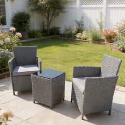FURNITURE ONE Men's 3 PCS Rattan Garden Bistro Set Patio Table & Chairs Set with Cushions in Grey - thumbnail 5
