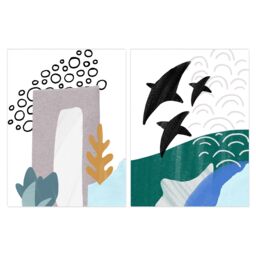 Artery8 Wall Art Print Pack of 2 A4 Abstract Underwater Aquatic Landscape Flying Fish Pastel Colour Naive Living Room s Set - thumbnail 1