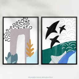 Artery8 Wall Art Print Pack of 2 A4 Abstract Underwater Aquatic Landscape Flying Fish Pastel Colour Naive Living Room s Set - thumbnail 5