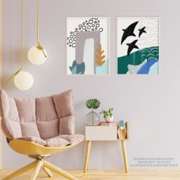 Artery8 Wall Art Print Pack of 2 A4 Abstract Underwater Aquatic Landscape Flying Fish Pastel Colour Naive Living Room s Set - thumbnail 3