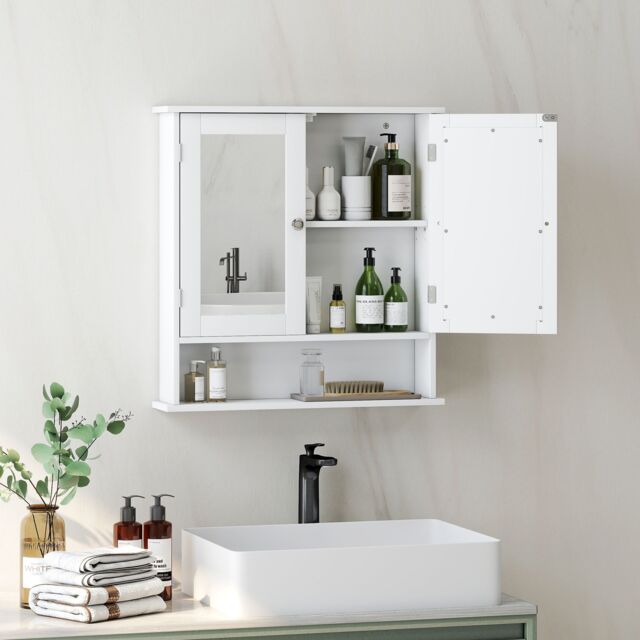 Kleankin Wall Mounted Mirror Cabinet W/ Double Mirror Doors & Shelf in White - image 1