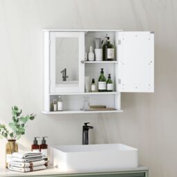 Kleankin Wall Mounted Mirror Cabinet W/ Double Mirror Doors & Shelf in White - thumbnail 1