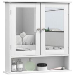 Kleankin Wall Mounted Mirror Cabinet W/ Double Mirror Doors & Shelf in White - thumbnail 2