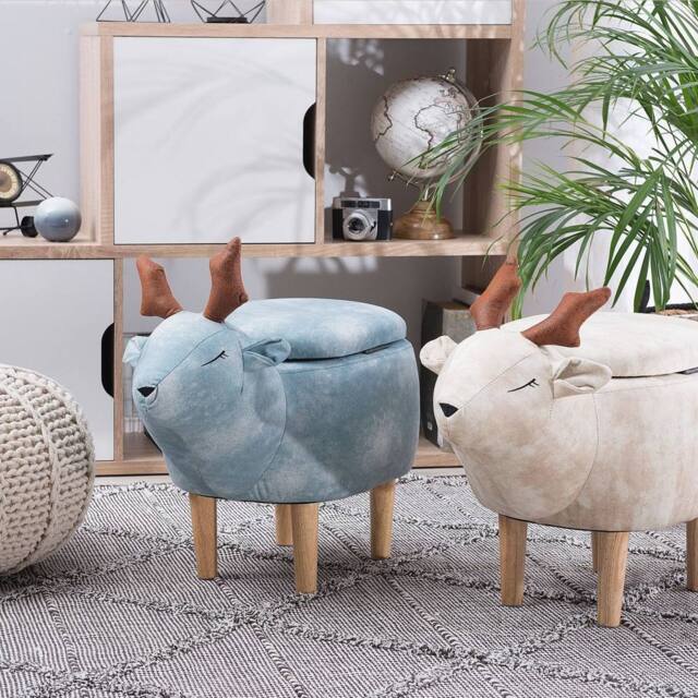 Wyld and Coco Reindeer Kids Stool Beige Upholstered Footstool With Storage - image 1