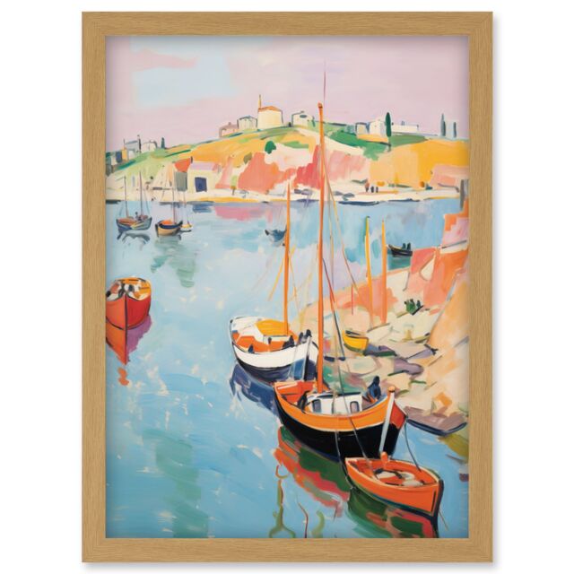 Artery8 Wall Art Print Boats in Harbour Fishing Village Coastal Landscape Colourful Abstract Watercolour Painting Artwork Framed A4 in Light Oak - image 1