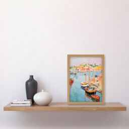 Artery8 Wall Art Print Boats in Harbour Fishing Village Coastal Landscape Colourful Abstract Watercolour Painting Artwork Framed A4 in Light Oak - thumbnail 2