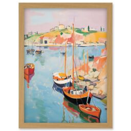 Artery8 Wall Art Print Boats in Harbour Fishing Village Coastal Landscape Colourful Abstract Watercolour Painting Artwork Framed A4 in Light Oak - thumbnail 1