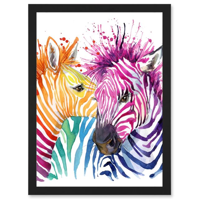 Artery8 Rainbow Two Rainbow Zebra Painting Multi Coloured Artwork Framed Wall Art Print A4 in Black - image 1