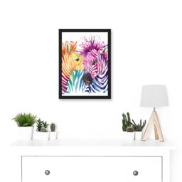 Artery8 Rainbow Two Rainbow Zebra Painting Multi Coloured Artwork Framed Wall Art Print A4 in Black - thumbnail 2