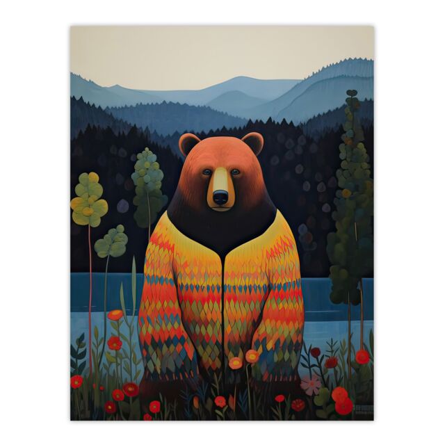 "Artery8 Wall Art Print Hippie Bear by Lake Colourful Oil Painting Orange Blue Green Forest Landscape Kids Bedroom Poster - Size: W18"" x H24""" - image 1