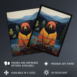 "Artery8 Wall Art Print Hippie Bear by Lake Colourful Oil Painting Orange Blue Green Forest Landscape Kids Bedroom Poster - Size: W18"" x H24""" - thumbnail 2