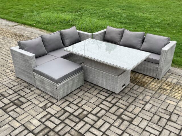 Fimous Outdoor Rattan Garden Funiture Set Height Adjustable Rising Lifting Table Sofa Dining Set with Big Footstool in Light Grey - image 1