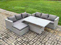 Fimous Outdoor Rattan Garden Funiture Set Height Adjustable Rising Lifting Table Sofa Dining Set with Big Footstool in Light Grey - thumbnail 2