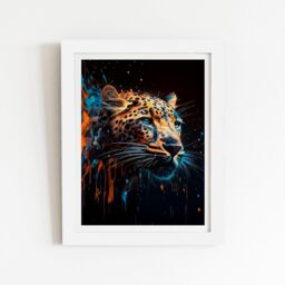 "Warren Reed - Designer Leapoard Face Splashart On Dark Background Framed Art Print in White - Size: W12"" x H16""" - thumbnail 1