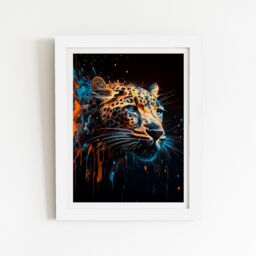 "Warren Reed - Designer Leapoard Face Splashart On Dark Background Framed Art Print in White - Size: W12"" x H16""" - thumbnail 2