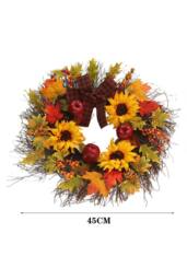 H&O Direct 45cm Pre-Lit Autumn Wreath with Faux Maple Leaves & Sunflowers - Seasonal Door Decoration in Orange - thumbnail 3