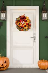 H&O Direct 45cm Pre-Lit Autumn Wreath with Faux Maple Leaves & Sunflowers - Seasonal Door Decoration in Orange - thumbnail 1