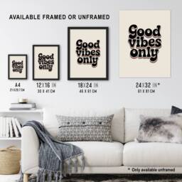 "Artery8 Good Vibes Only Bold Funky Retro Typography Wall Art Print in Beige - Size: W12"" x H16""" - thumbnail 3