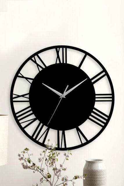 Living and Home 30 cm Dia Black Round Wooden Roman Numeral Wall Clock with Silver Needle - image 1