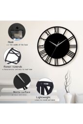 Living and Home 30 cm Dia Black Round Wooden Roman Numeral Wall Clock with Silver Needle - thumbnail 4