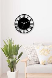 Living and Home 30 cm Dia Black Round Wooden Roman Numeral Wall Clock with Silver Needle - thumbnail 3