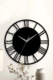 Living and Home 30 cm Dia Black Round Wooden Roman Numeral Wall Clock with Silver Needle - thumbnail 1
