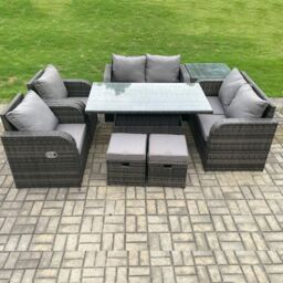 Fimous Outdoor Rattan Garden Furniture Set Patio Height Adjustable Rising lifting Dining Table Love Sofa With Side Table in Dark Grey - thumbnail 2