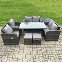 Fimous Outdoor Rattan Garden Furniture Set Patio Height Adjustable Rising lifting Dining Table Love Sofa With Side Table in Dark Grey - thumbnail 1