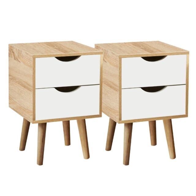 Home Source Pair Of Bedside Cabinets Oak 2 Drawer Bedroom Side Table Wooden Legs - image 1