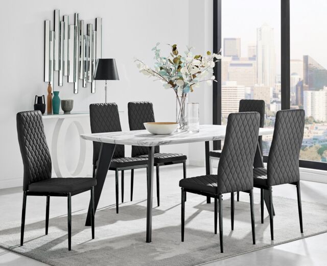 FurnitureboxUK Andria White Marble Effect & Black Leg 6 Seater Dining Table & 6 Milan Faux Leather Chairs - image 1