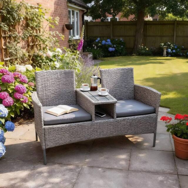 Home Source Rattan Love Seat Bench Table Garden Furniture 2 Seats Garden Patio in Grey