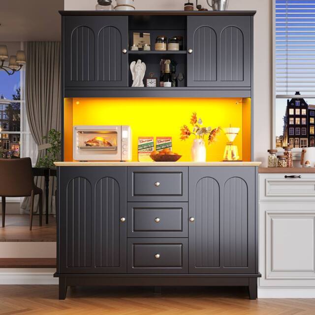 Rolipo Tall Black Kitchen Sideboard Cabinet with LED & 3 Drawers 120cm - image 1