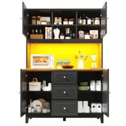 Rolipo Tall Black Kitchen Sideboard Cabinet with LED & 3 Drawers 120cm - thumbnail 7